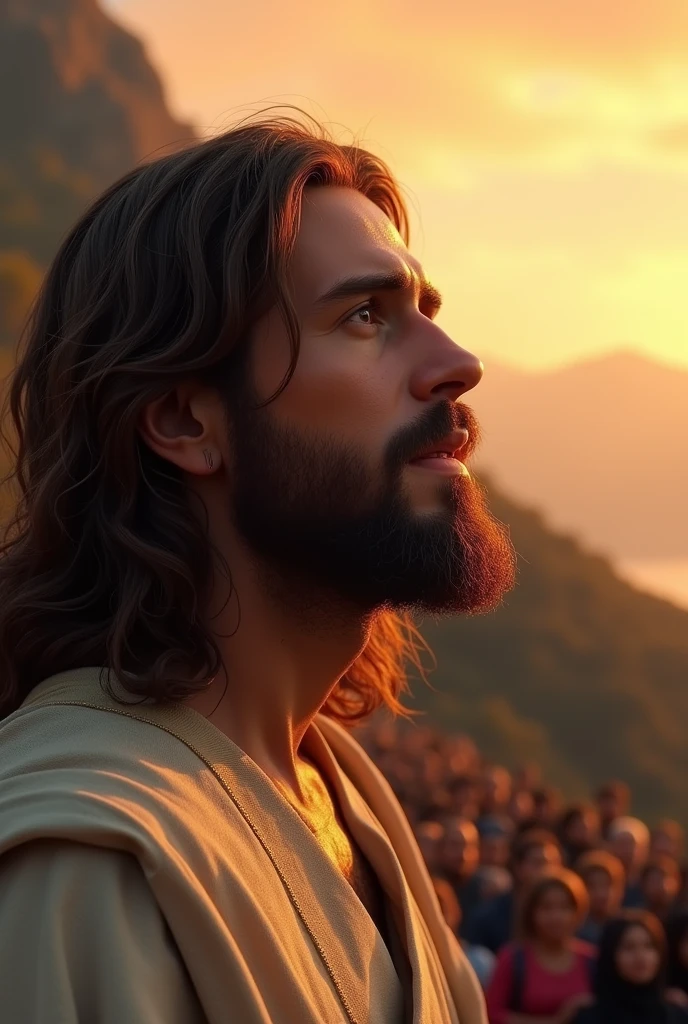 Jesus Christ preaching and a crowd in the distance on a mountain, male, bearded, long hair, brown hair, brown eyes, face centered, sunset, portrait, face, gorgeous, perfect composition, gorgeous, detailed, intricate, insanely detailed, octane, rendering, trend, in, art, art, fine art, fine art photography, photorealistic concept art, perfect light, soft, natural, volumetric, chiaroscuro, award-winning photography, Artwork