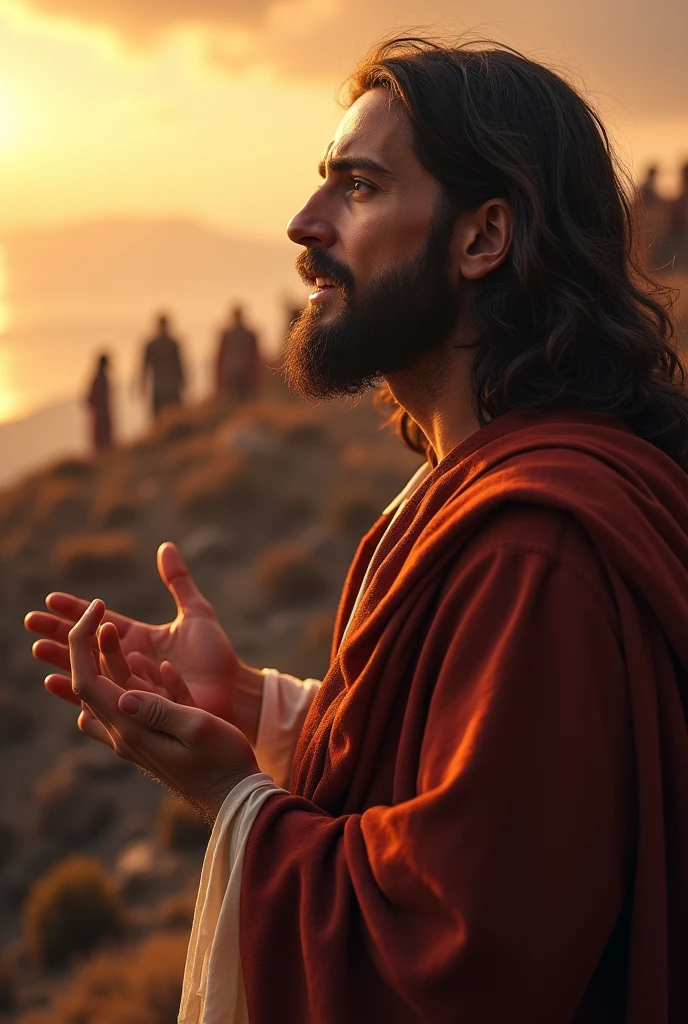 Jesus Christ preaching and a crowd in the distance on a mountain, male, bearded, long hair, brown hair, brown eyes, face centered, sunset, portrait, face, gorgeous, perfect composition, gorgeous, detailed, intricate, insanely detailed, octane, rendering, trend, in, art, art, fine art, fine art photography, photorealistic concept art, perfect light, soft, natural, volumetric, chiaroscuro, award-winning photography,  Artwork