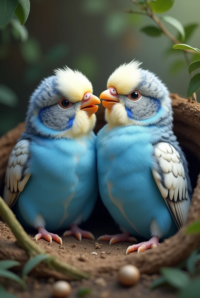 budgie chicks, (Father) diluted cobalt mutation, (Mother) opal sky blue, realist