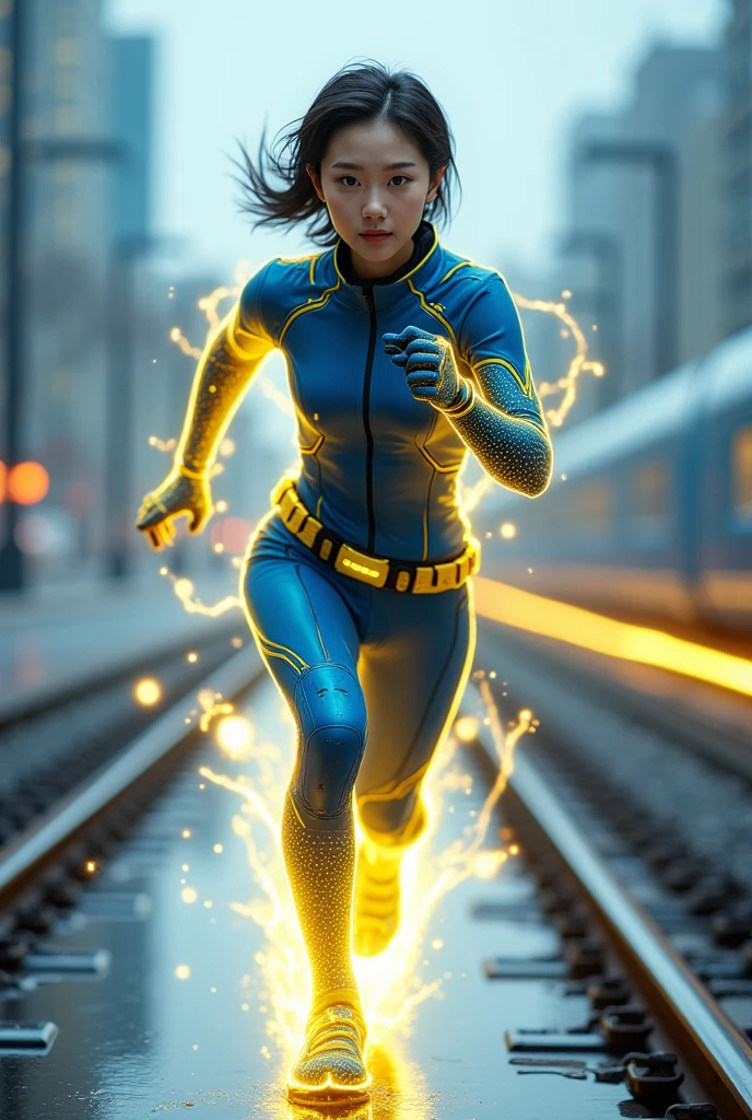 Chinese japan women average age wear jumpsuit high tech(( blue yellow)) . high tech belt. ))Running effect. flat chest. Glowing yellow power.((wear jacket blue))short girl. Runfast effect. saggy breast open zip.. Wear blue big glasses big frame.running speed of light . latex suit. big tight. running athlete.pontytail hair. Braces teeth. train rail .Bokeh background. Panning effect. Yellow high tech watch. a beautiful young chinese women, , wearing a high-tech blue and yellow very tight jumpsuit. wear jacket bomber jacket blue yellow, venus body type.. unning with style pose . ,floating water pallet, photorealistic.(( fast train effect))detailed facial features, long hair, elegant pose, dynamic lighting. glowing body yellow lightning effect, 8k, award-winning digital art, intricate details, vibrant colors, cinematic composition. very fasr run, highly detailed. light trail effect. speed of light. froze time effect. at the city.run water . spash water. the girl run fast on wet road. background on subway((.knee cover ))