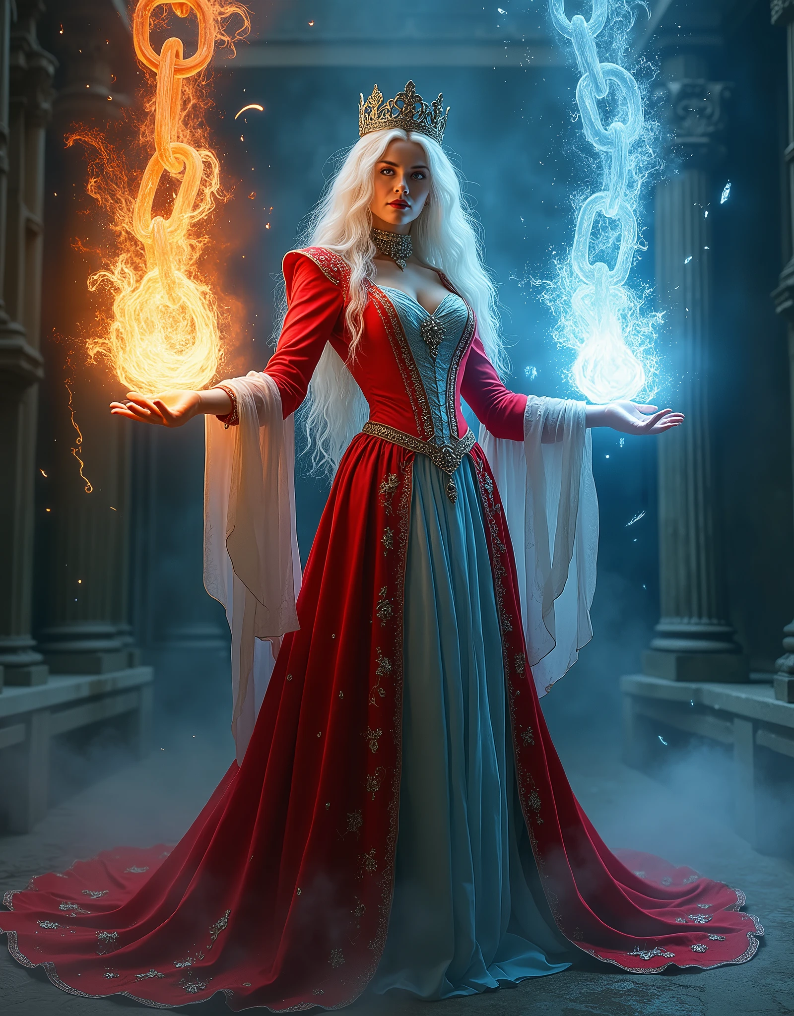 photo of a vampire queen, left hand grasp a chain with ice effect, right hand grasp a chain with fire effect, she wearing a victoria period with red and light blue color, long white hair, red eyes, the chain made from steel and it floating in the air, big chain, focus on chain