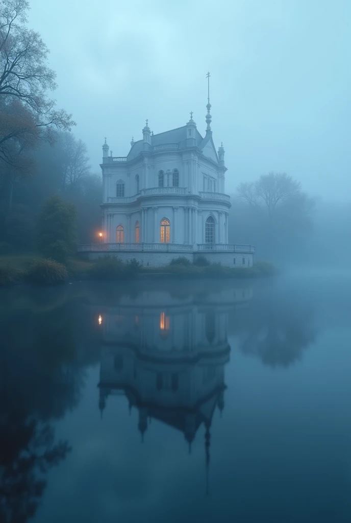 a blue hour, white villa, retro, foggy, realistic, gloomy, cinematic, dramatic lighting, volumetric fog, long exposure, mist, thick atmosphere, moody, melancholic, serene, peaceful, tranquil, still water, reflection, detailed architecture, ornate details, intricate design, gothic elements, elegant, mysterious, (best quality,4k,8k,highres,masterpiece:1.2),ultra-detailed,(realistic,photorealistic,photo-realistic:1.37),vibrant colors,cinematic composition,atmospheric,dramatic,melancholy,ethereal,serene,tranquil,calming,moody,gloomy,overcast,misty,foggy,hazy,dramatic lighting,chiaroscuro,low key lighting,volumetric lighting,long exposure,still water,reflection,detailed architecture,ornate details,intricate design,gothic elements,elegant,mysterious,dark mood