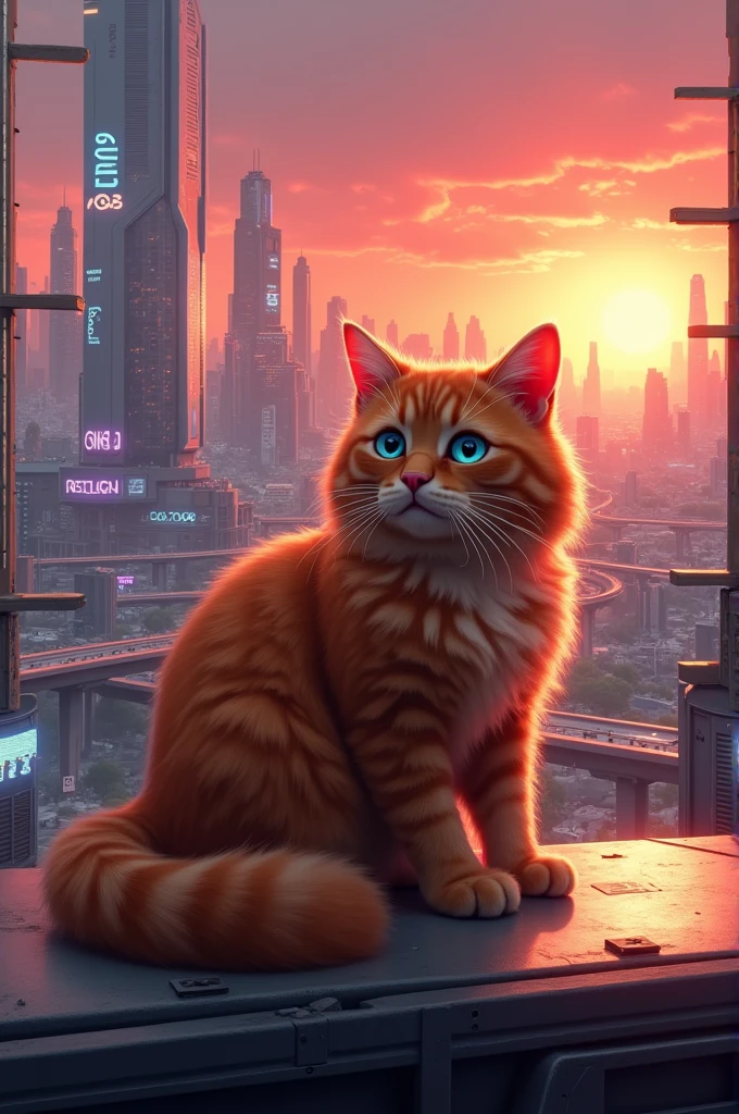 A fluffy orange tabby cat sitting on a futuristic city rooftop at sunset, with neon lights reflecting in its eyes."