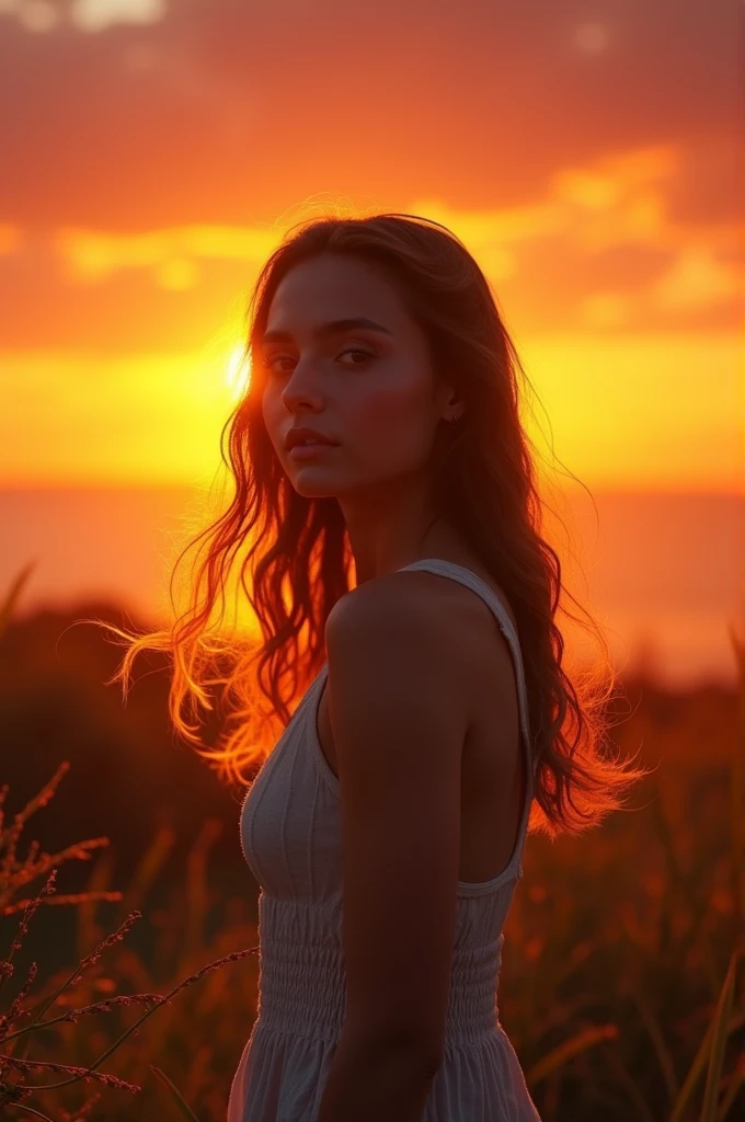 A beautiful girl standing in front of sunset