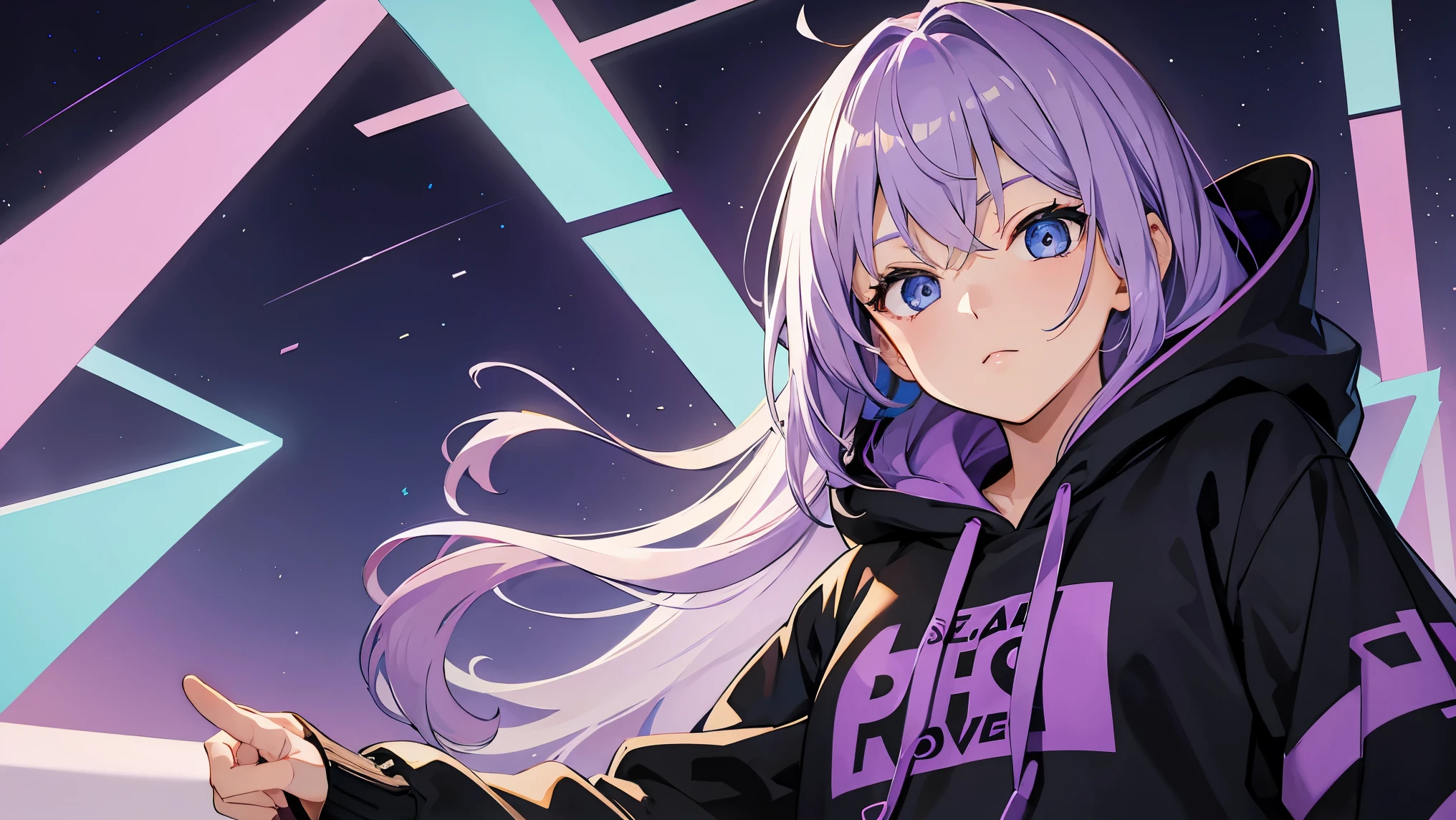 Purple Hair、hoodie、blue eyes、Near future、cool、Angle from below、