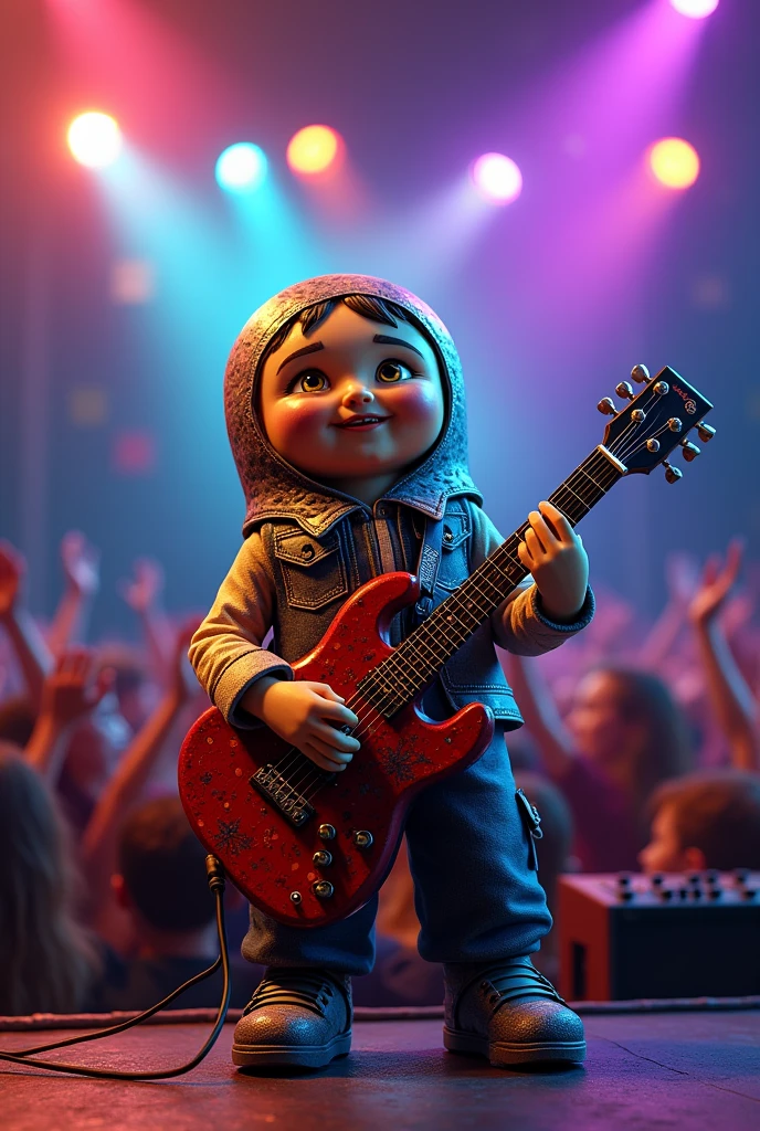 Matryoshka with a guitar performs rock on stage