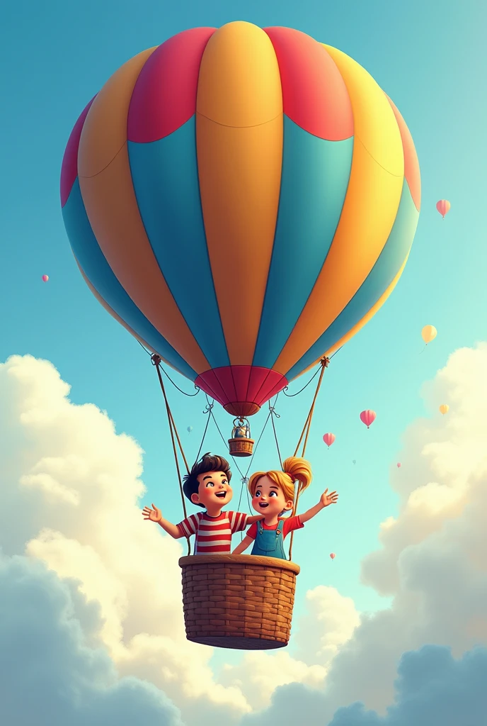 3 kids flying in air balloon being 2 boys and 2 girls vector art
