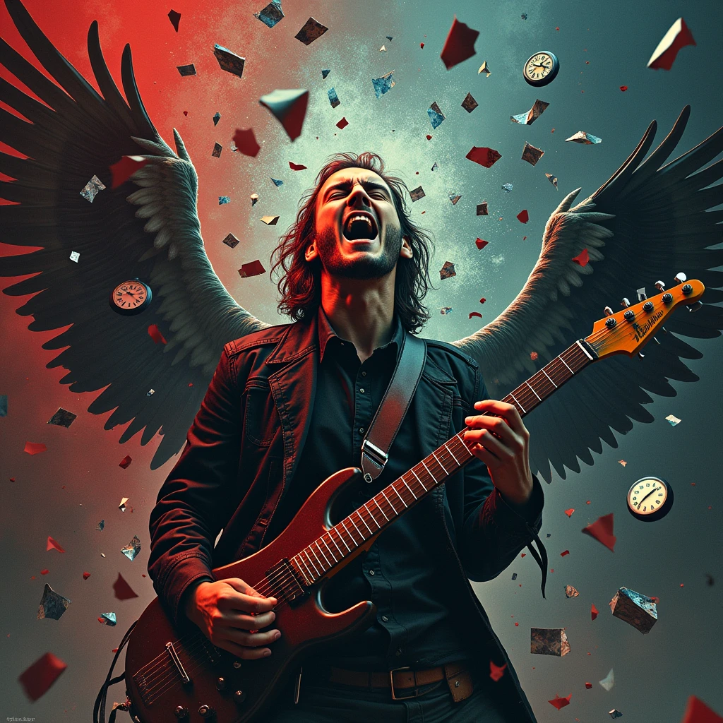 (album cover art:1.4), (highly detailed:1.2), (surreal:1.1), (male rock singer:1.3), (mid-scream:1.2), (intense expression:1.2), (modern rock aesthetic:1.3), (chaotic background:1.1), (shattered mirror effect:1.2), (multiple reflections:1.1), (dream-like imagery:1.0), (broken clock faces:0.9), (sprouting wings:1.1), (swirling memories:1.0), (electric guitar:1.2), (sound waves visible:1.0), (dark moody lighting:1.2), (rich color palette:1.1), (deep reds and blues:1.0), (sharp contrasts:1.1), (dynamic composition:1.3), (grungy texture:1.0), (year 2020 style:1.1), (modern typography:0.9)