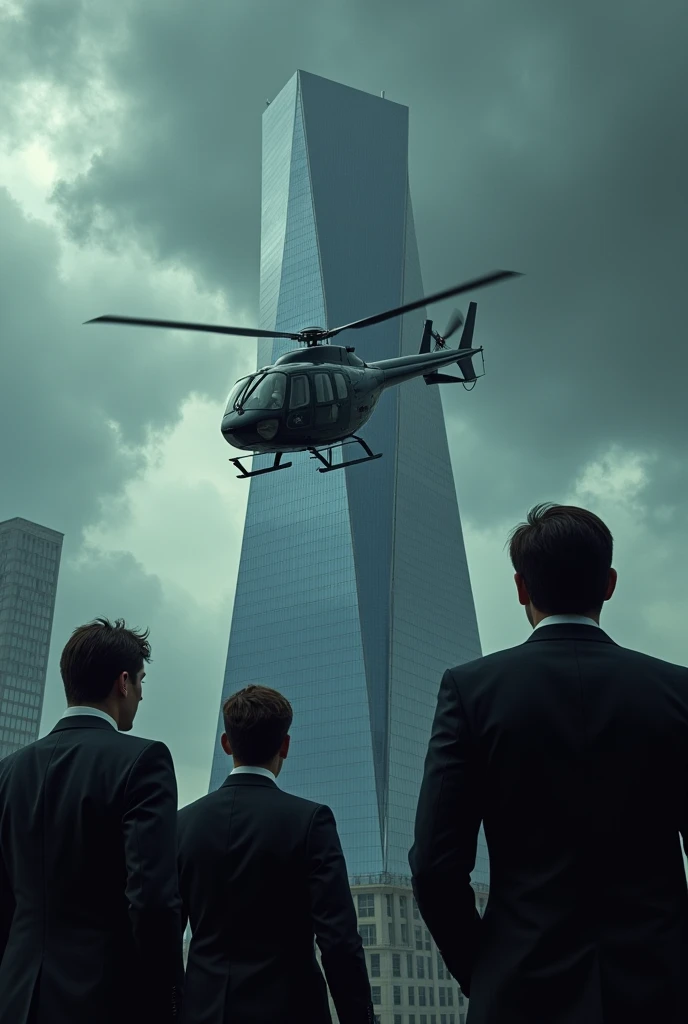 Black helicopter landing on sky scrapper,men waitng in black suit,holding case,storming clouds,wavering hairs and dress
