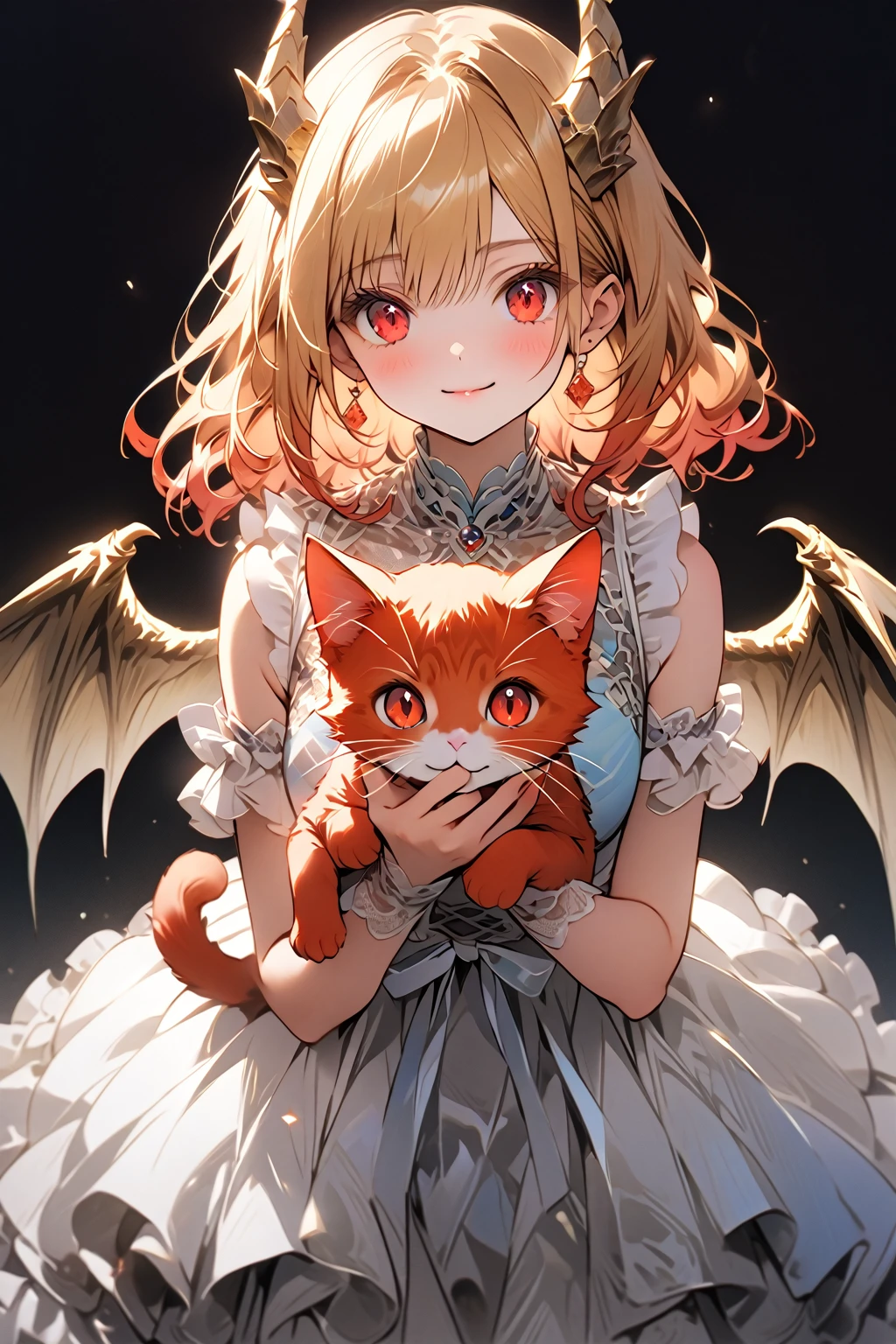 ((Head to Toe)), (Perfect Face:1.1)、(Attention to detail:1.1), masterpiece, Highest quality, Very detailed, High resolution, Japanese anime,One person, Blonde, dragon wings, ((red cat eyes:1.5)), (((美しいAttention to detail目:1.4))), ((角からつま先までwhole body:1.5)), smile, (Dragon Horn:1.5), original character, Fantasy, (Black background:1.1), (((whole body:1.8))), Beautiful fingers, Are standing, (Blue White Gold Lace Ruffle Dress:1.5), Shoot from the front, View your viewers, Exposed Skin, Dragon Princess, hyper quality, highly detailed