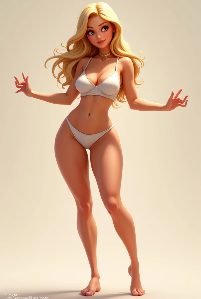 (Disney Pixar style: 1.2) (20 year old adult: 1.15), white, hazel eyes, with shorts and crop top, big breasts, T-shaped foot with small waist, open and stretched hands with large legs facing forward so that all five fingers and extended arms can be seen, blonde spreads her legs but makes her slim with big legs




