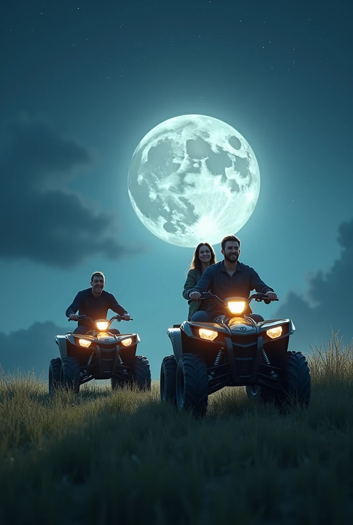 super moon on grass at night with dad and his son on a quad bike Mercedes and his wife on a BMW quad bike