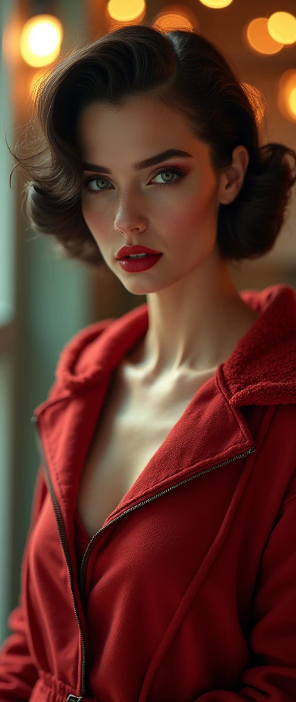 1950s fashionable femme fatale female in baggy hip hop hoodie, faux fur collar, 1950s victory rolls hairstyle, flapper dress, (best quality,4k,8k,highres,masterpiece:1.2),ultra-detailed,(realistic,photorealistic,photo-realistic:1.37),vivid colors,studio lighting,bokeh,portrait