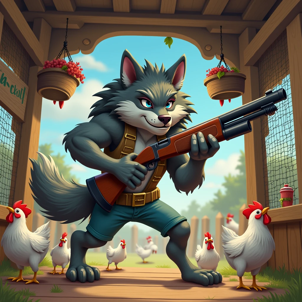 a wolf with a shotgun as if she were standing shooting at chickens inside a cartoon-style chicken coop for a cover with image size 2560x1440