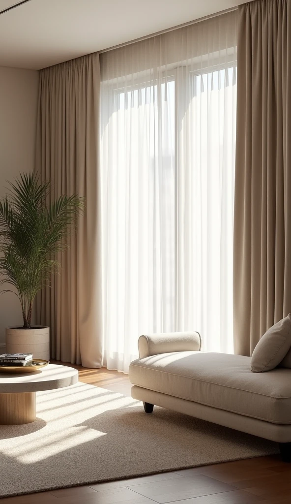 Portrait of a living room with a modern minimalist home atmosphere,All the furniture displays a luxurious impression on the curtain section, with a bright atmosphere, focus on the curtain part