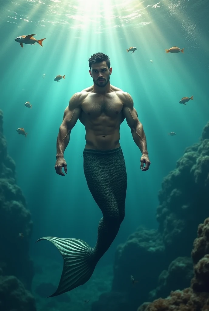 Draw me a male mermaid with short black hair. He is shirtless with chest hair and a fit body. He is swimming deep down in the ocean, surrounded by fish and turtles, the sun shines through the waves and gives the image a soft and smooth atmosphere. Draw it hyperrealistic, full body and with a slight touch of magic. It looks cinematic, with magic and fantasy