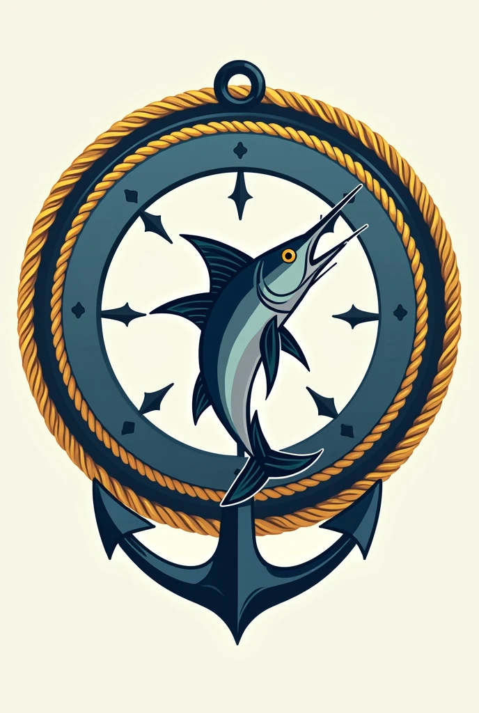 Make a circular shield with a sailfish in the center with an anchor at the bottom and the 4 cardinal points in the background. The outline of the shield has to be a yellow rope with a chain at the top. The design should be simple and not realistic or 3D. 