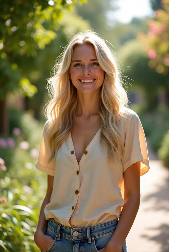 Create a video of a young woman, blonde, De pele clara, wearing a casual outfit. The woman must be smiling and in an outdoor environment., like a park or garden, during daytime