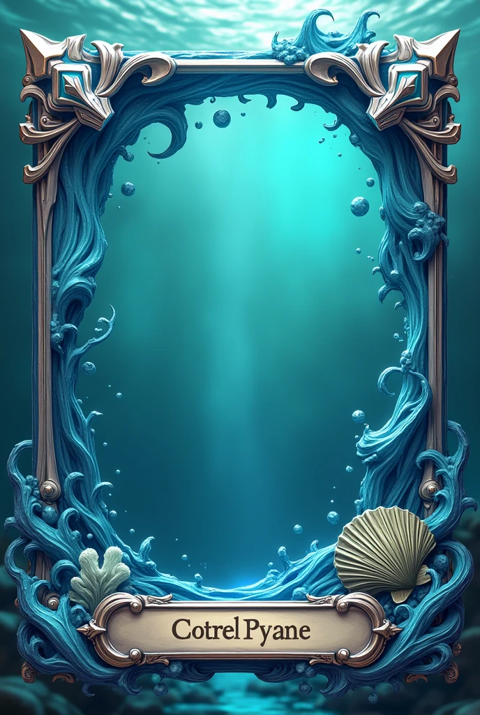 Design a 3D stylized card frame for a water-themed character with a strong, bold structure. The frame should use deep blues, seafoam greens, and shimmering silver shades with glowing water droplet effects around the edges. Incorporate wave motifs at the top, metallic silver corners with a polished texture, and ripple-like patterns on the sides that resemble the gentle flow of water. The bottom section should feature a coral reef texture with subtle bioluminescent glow and engraved water symbols. Add a nameplate at the bottom, designed to look like a polished seashell, with the text in an elegant, water-themed font that flows with the design. The overall design should evoke the fluidity and power of water while leaving space for character art and stats.
