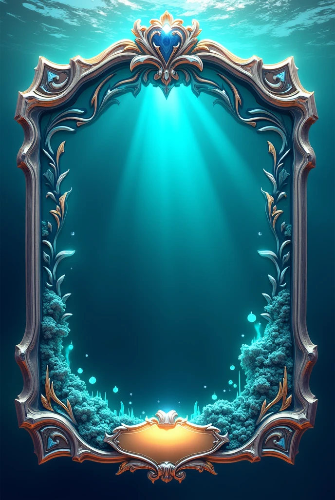 Design a 3D stylized card frame for a water-themed character with a strong, bold structure. The frame should use deep blues, seafoam greens, and shimmering silver shades with glowing water droplet effects around the edges. Incorporate wave motifs at the top, metallic silver corners with a polished texture, and ripple-like patterns on the sides that resemble the gentle flow of water. The bottom section should feature a coral reef texture with subtle bioluminescent glow and engraved water symbols. Add a nameplate at the bottom, designed to look like a polished seashell, with the text in an elegant, water-themed font that flows with the design. The overall design should evoke the fluidity and power of water while leaving space for character art and stats.