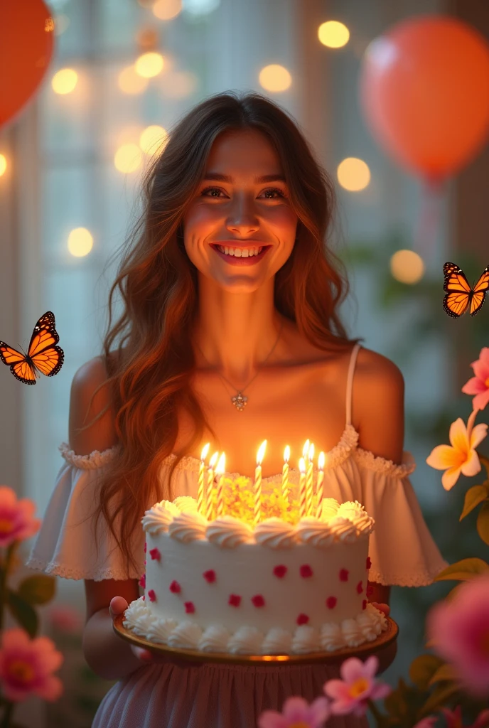A girl with cake clebrati her boyfriend's birthday, lights, flowers, butterflies, balloons