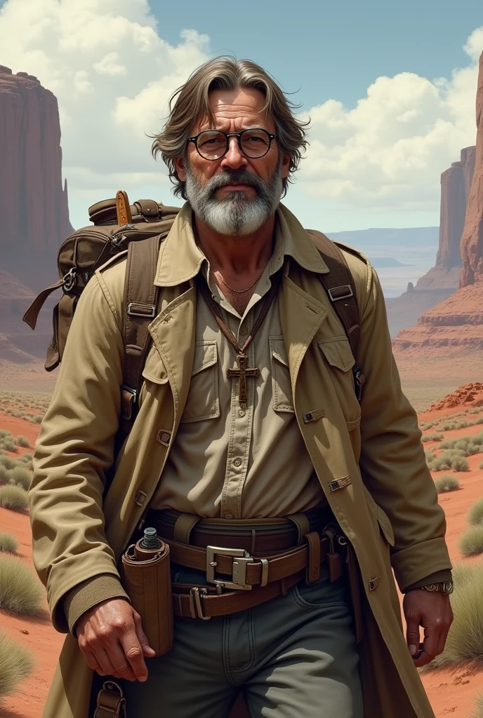 I would like a midle age man with brown hair with white sides, a tired-looking face, wearing round glasses, and a beard. He wears a beige trench coat full of items, a shirt underneath with a cross necklace on his ?????, normal pants, and boots. He carries a large bag with him. I would like the style to be mature, with the art in a fantasy RPG style set in the Old West.