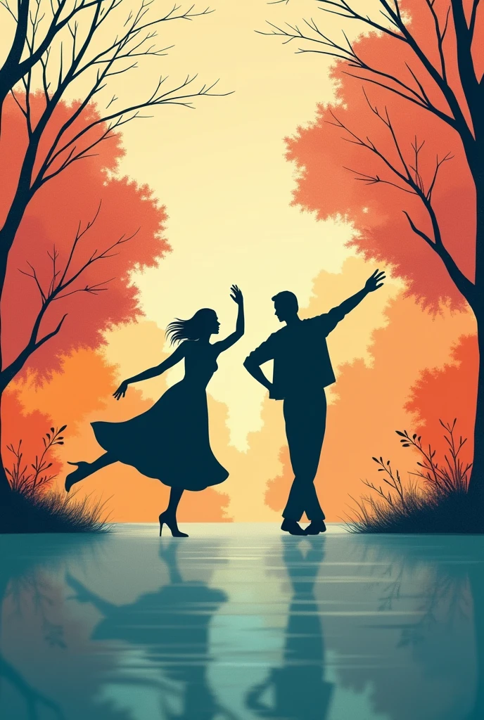 Poster horizontal, about dance therapy, Minimalist style, that includes the name "Curiquingue Park" In the center and at its ends two silhouettes of people dancing. Colorful and all text in Spanish.