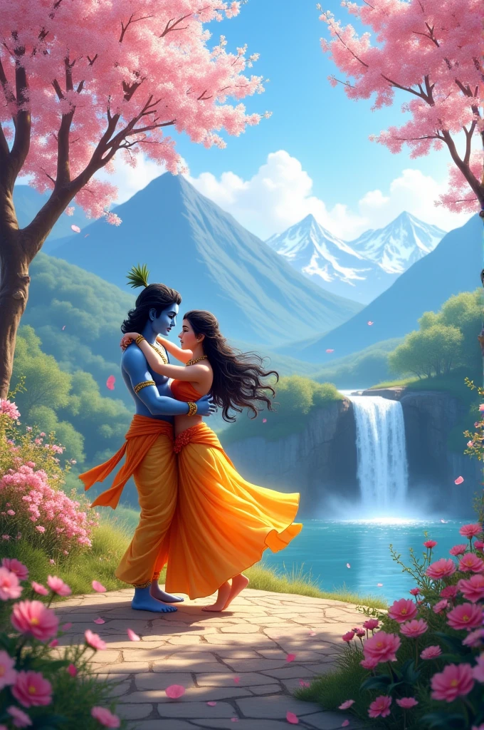 Radha Krishna dance in flower garden and under cherry blossoms tree, high hills blue sky and waterfall