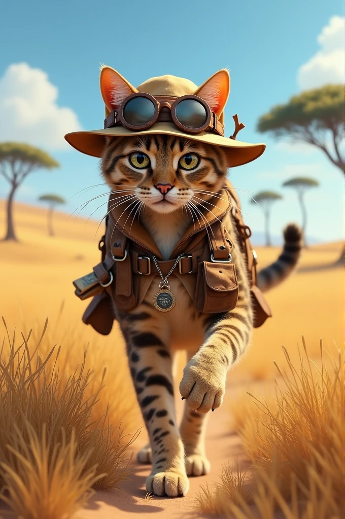 An explorer in the savannah with characteristic clothes, but it's not a person, it's a cat