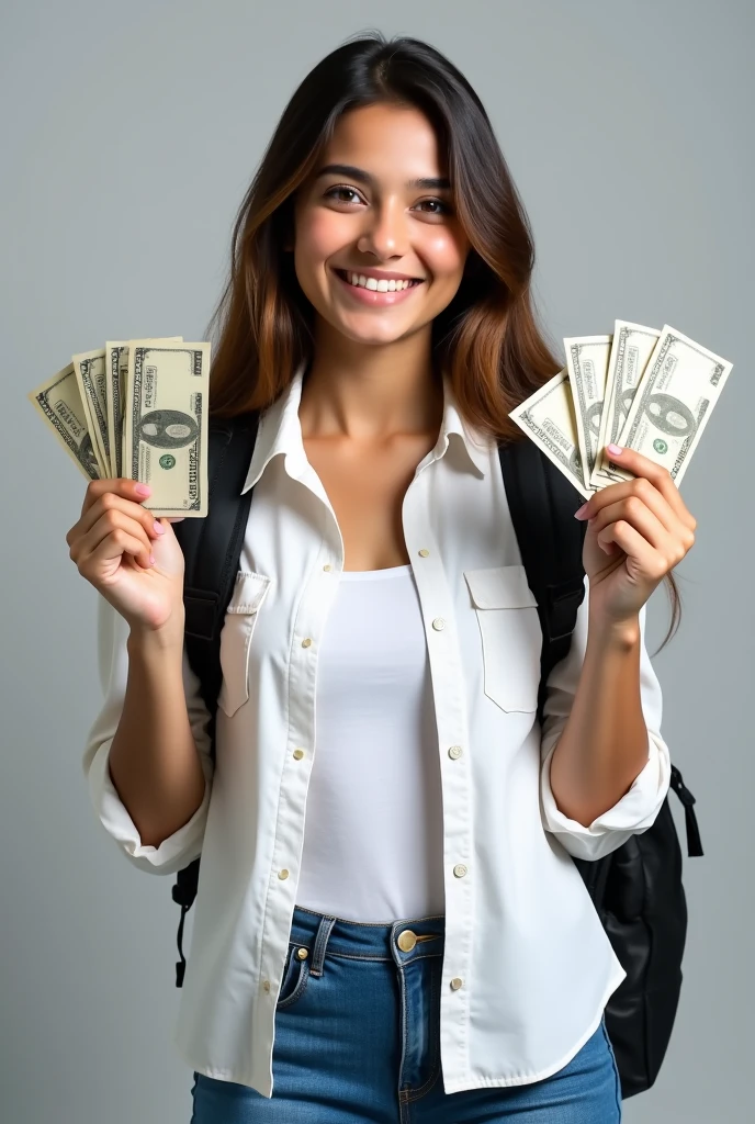 The image shows a young beautiful Indian girl with clear eyes with a big smile on his face, holding a bunch of money in her right hand. She is wearing a white button-down shirt, a white t-shirt, and blue jeans and long brown hairs. She has a black backpack slung over his shoulder and is standing against a grey background. The man appears to be happy and confident, with a slight smile on one hand and a slight frown on her lips. The money in the her left hand is a mix of clear Indian 2000 rupees bills, and she is holding it up in the air with both hands