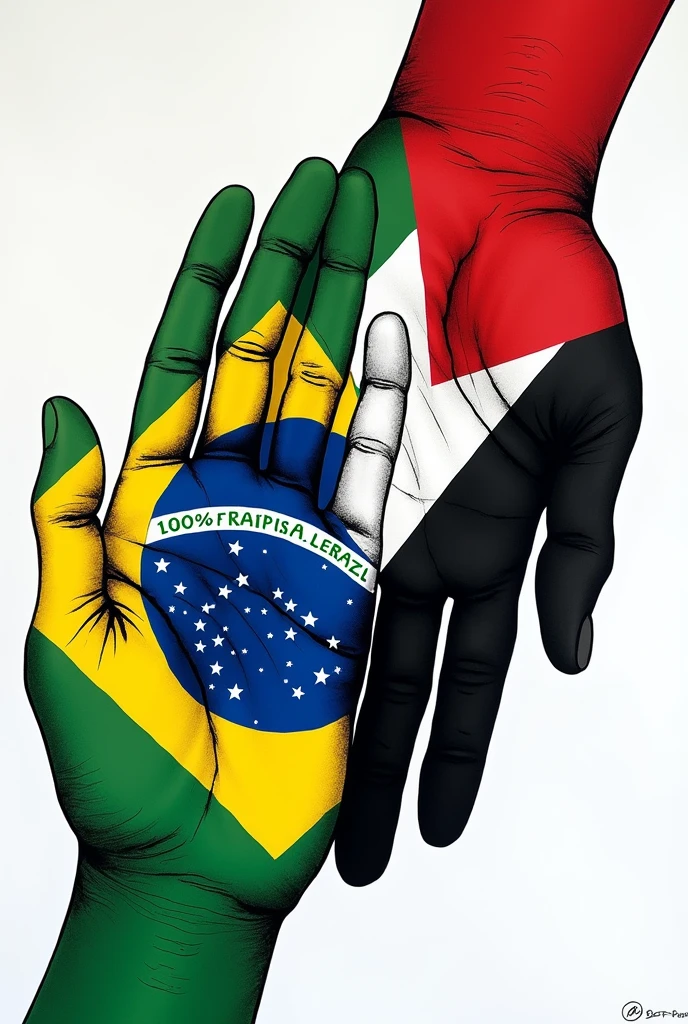 half brazilian flag, half of the palestinian flag covering the entire space. the design is as if it were a drawing making half of each flag cover the entire space. something very simple . In this drawing I want to put the drawn hands of my 80 students, painted with paint over the drawing already made with the colors of the flag.