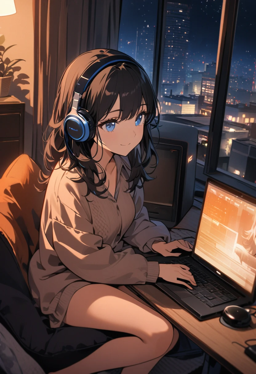 Beautiful woman, alone, A gentle smile on her face, Black Hair, blue eyes, Beautiful legs, warm color, Beautiful depiction,A woman sitting in front of a computer in a cozy bedroom, A woman listening to music in a cozy room. (night), Use headphones, (beautiful night views from windows), High-rise apartment building,Very detailed