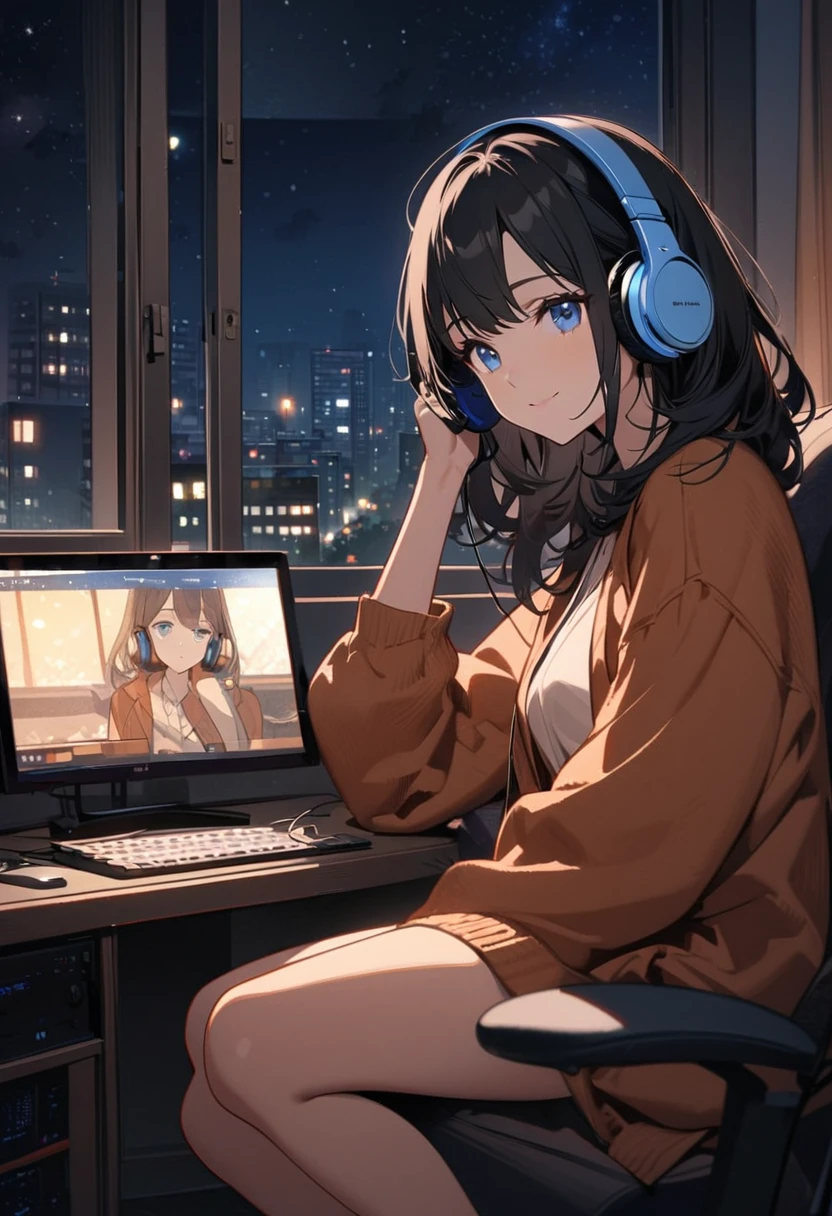 Beautiful woman, alone, A gentle smile on her face, Black Hair, blue eyes, Beautiful legs, warm color, Beautiful depiction,A woman sitting in front of a computer in a cozy bedroom, A woman listening to music in a cozy room. (night), Use headphones, (beautiful night views from windows), High-rise apartment building,Very detailed