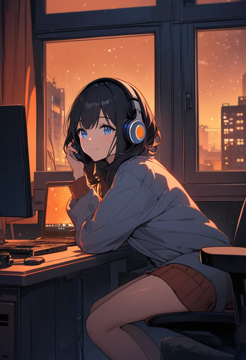 Beautiful woman, alone, A gentle smile on her face, Black Hair, blue eyes, Beautiful legs, warm color, Beautiful depiction,A woman sitting in front of a computer in a cozy bedroom, A woman listening to music in a cozy room. (night), Use headphones, (beautiful night views from windows), High-rise apartment building,Very detailed