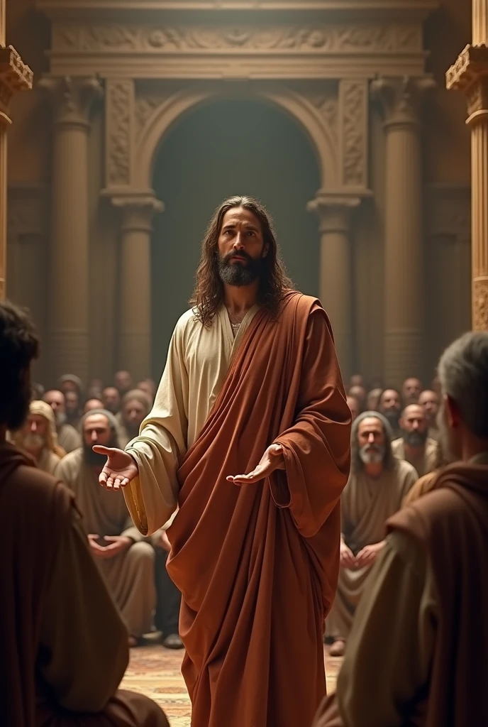 Jesus Christ preaching in an ancient temple with a lot of attentive people sitting around, male, bearded, long hair, brown hair, brown eyes, face centered, sunset, portrait, face, beautiful, perfect composition, beautiful, detailed, intricate, insanely detailed, octane, rendering, trend, in, art, art, fine art, fine art photography, photorealistic concept art, perfect light, soft, natural, volumetric, chiaroscuro, award-winning photography, artwork