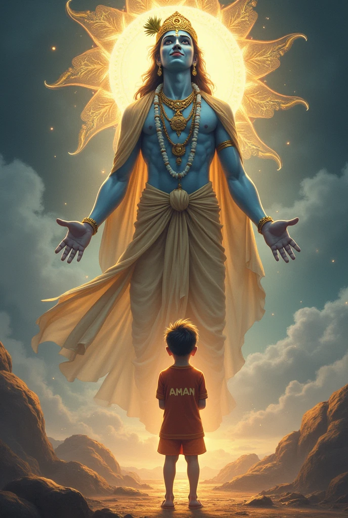 A boy wear Aman name jersey standup in front of lord Krishna and pray or krishna blessing him by smile