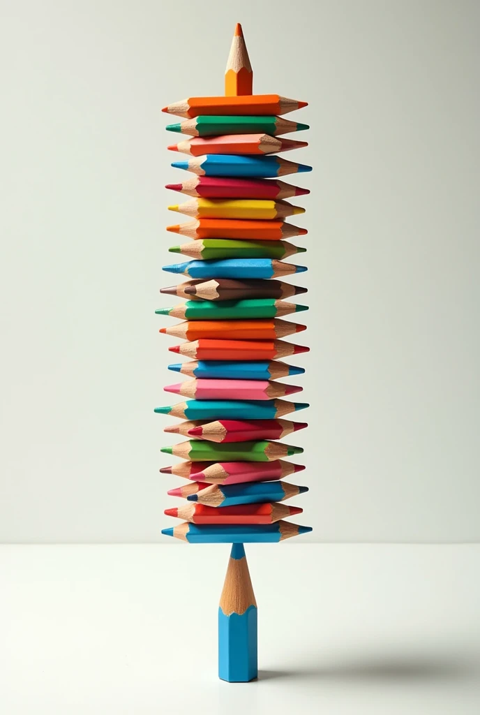 Now balance the tower made of colored pencils, on top of 1 single colored pencil