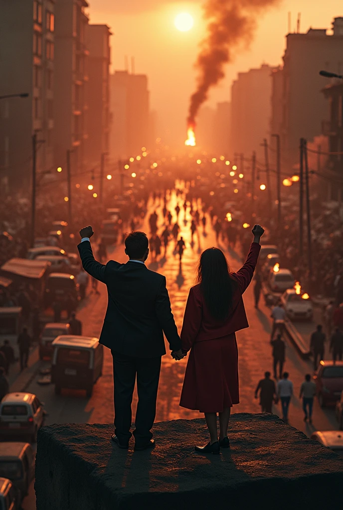 Luis Carlos Prestes and Olga Benário in a communist revolution as if the photo had been taken by a drone high above and they were facing the camera

