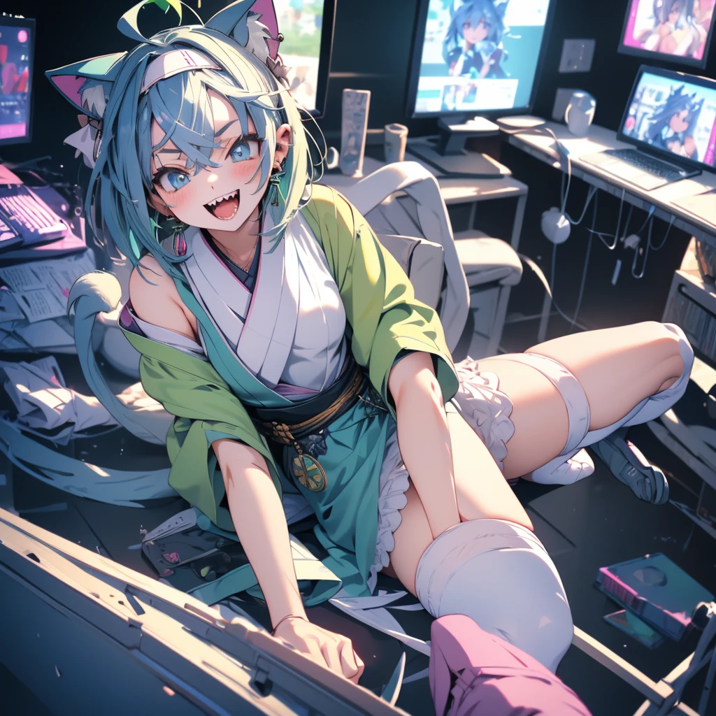 (8k, RAW Photo, Top Quality, Refined Details, Masterpiece: 1.2), (High Resolution 8k Wallpaper), Sharp Focus, Professional Lighting, Depth of Field, Cinematic Lighting, Background Blur, 1girl, Viewer, Smile, whole body, (small breasts: 1.0), android, joints, mechanical slender tail, (white knee-high socks: 1.4), (green hair: 1.2), (blue dress: 1.2), (yellow tie: 1.2), (pink boots): 1.2), (with white sleeves): 1.2), animal ears, short hair, headband, earrings, cat ears, cat tail, blue eyes,Japanese closet