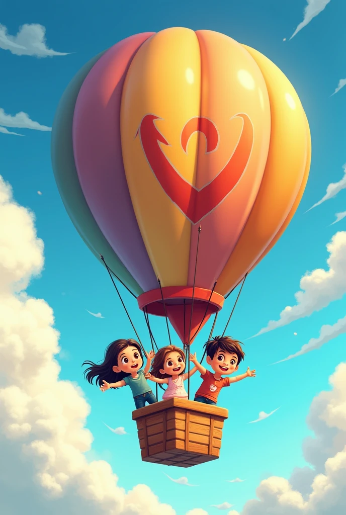 3 children flying in hot air balloon, 2 boys and 1 logo vector