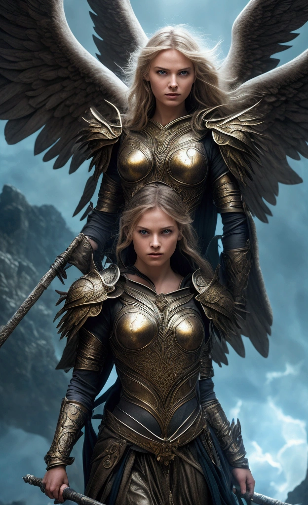 Creates a hyper-realistic and visually striking image for the Seven of Staffs of the Lumen Angelis Tarot deck. The central figure is a grim-faced, defiant angel standing on the edge of a high, rocky cliff. The angel is in a defensive posture, holding a staff firmly in both hands, in exactly the same position as the 7 of clubs character in the tarot rider, ready to protect his position. This staff shines projecting a radiant blue light signifying courage and determination.
Beneath the angel, six other staves remain stuck in the ground below, as if wielded by unseen forces that challenge the angel's determination. These staves are directed towards the central angel, symbolizing the obstacles and adversities that must be overcome. IMPORTANT: Do not omit the six sticks stuck around the angel.
The angel's wings are spread and his feathers, sharp and luminous, reflect the light of the central staff WHILE THE OTHER SIX STAVES SURROUND HIM. They wear gleaming silver armor with ancient celestial runes, enhancing their aura of strength and endurance. Their expression is one of fierce determination, their eyes focused, ready to meet any challenge that comes their way.
The background is a dramatic, stormy sky, with dark clouds swirling around the precipice, but with beams of light streaking across it, illuminating the angel. The rocky ground is steep and uneven, accentuating the difficult position of the angel.
The whole scene conveys a sense of intense struggle, inner strength and the will to stand firm against all odds, perfectly in keeping with the traditional symbolism of Rider-Waite's Seven of Wands, but elevated with the celestial theme of Lumen Angelis.