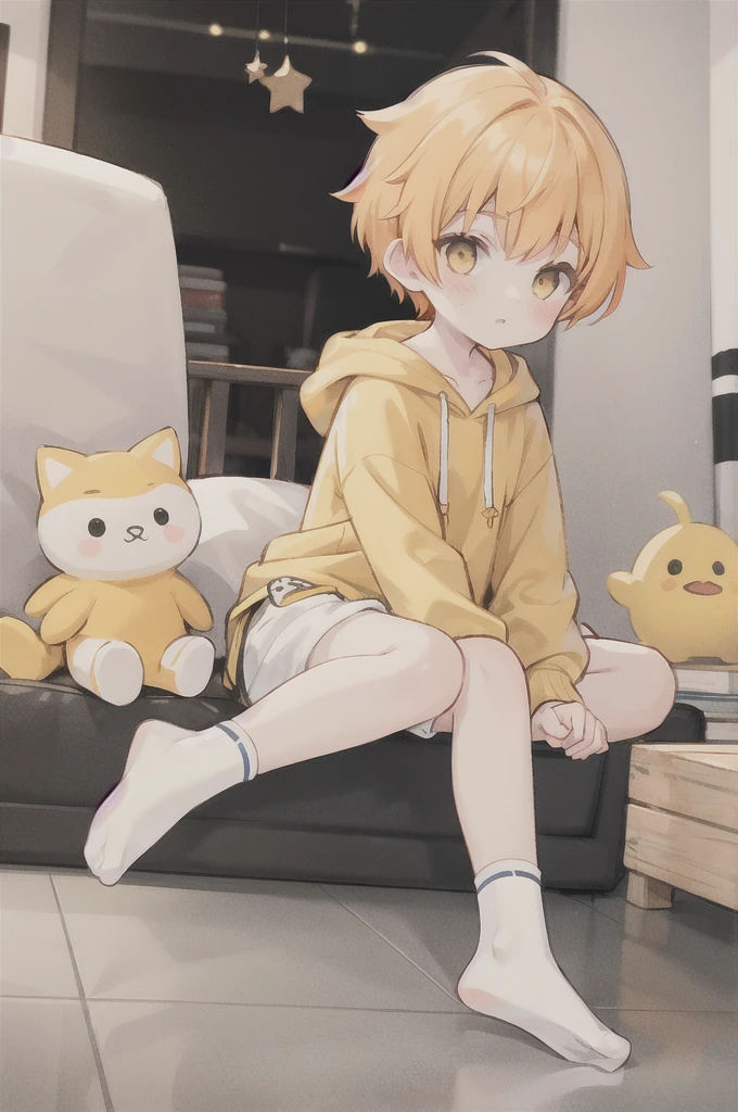 1boy,, white skin, yellow eyes, orange hair cute, big eyes, white oversized hoodie, child, child male shorts, yellow socks, toddler