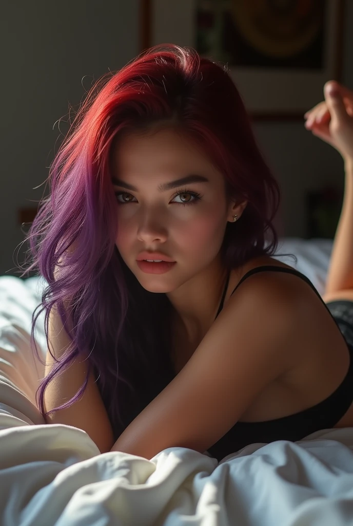 1 girl, white, super model, top model, in bed, nice body, 2, red and purple hair, beautiful body, big ass, medium breasts, black lingerie, (best quality, 4k, 8k, high resolution, masterpiece: 1.2) (realistic, photorealistic, photorealistic: 1.37), professional, vivid colors, studio lighting, sharp focus, beautiful, detailed skin, fine details, intricate details, elegant, sensual, erotic, seductive, sexy