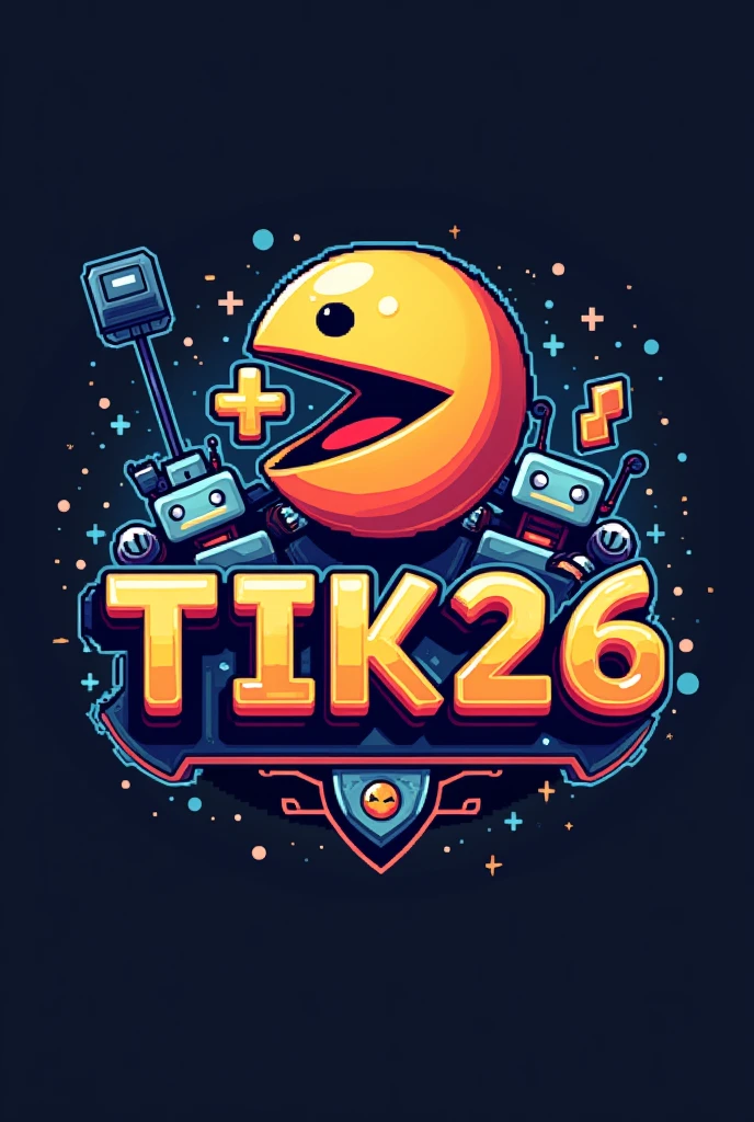 pixel logo for class with computers, ++ in pac-man's mouth, robots and text TiK26 with T and K capitalize