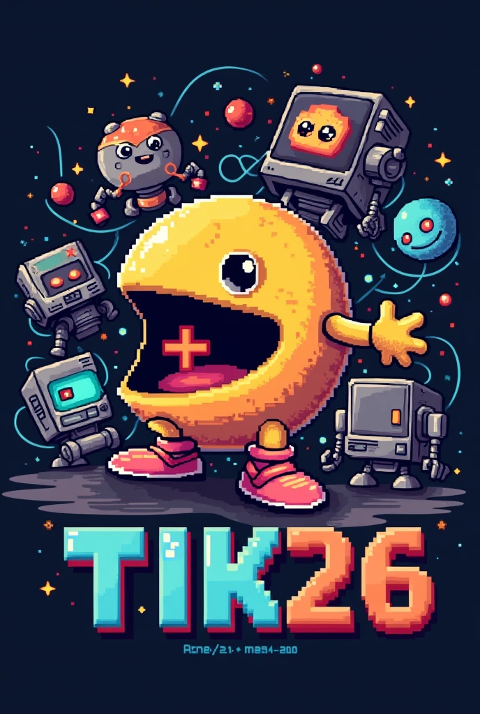 pixel logo for class with computers, ++ in pac-man's mouth, robots and text TiK26 with T and K capitalize