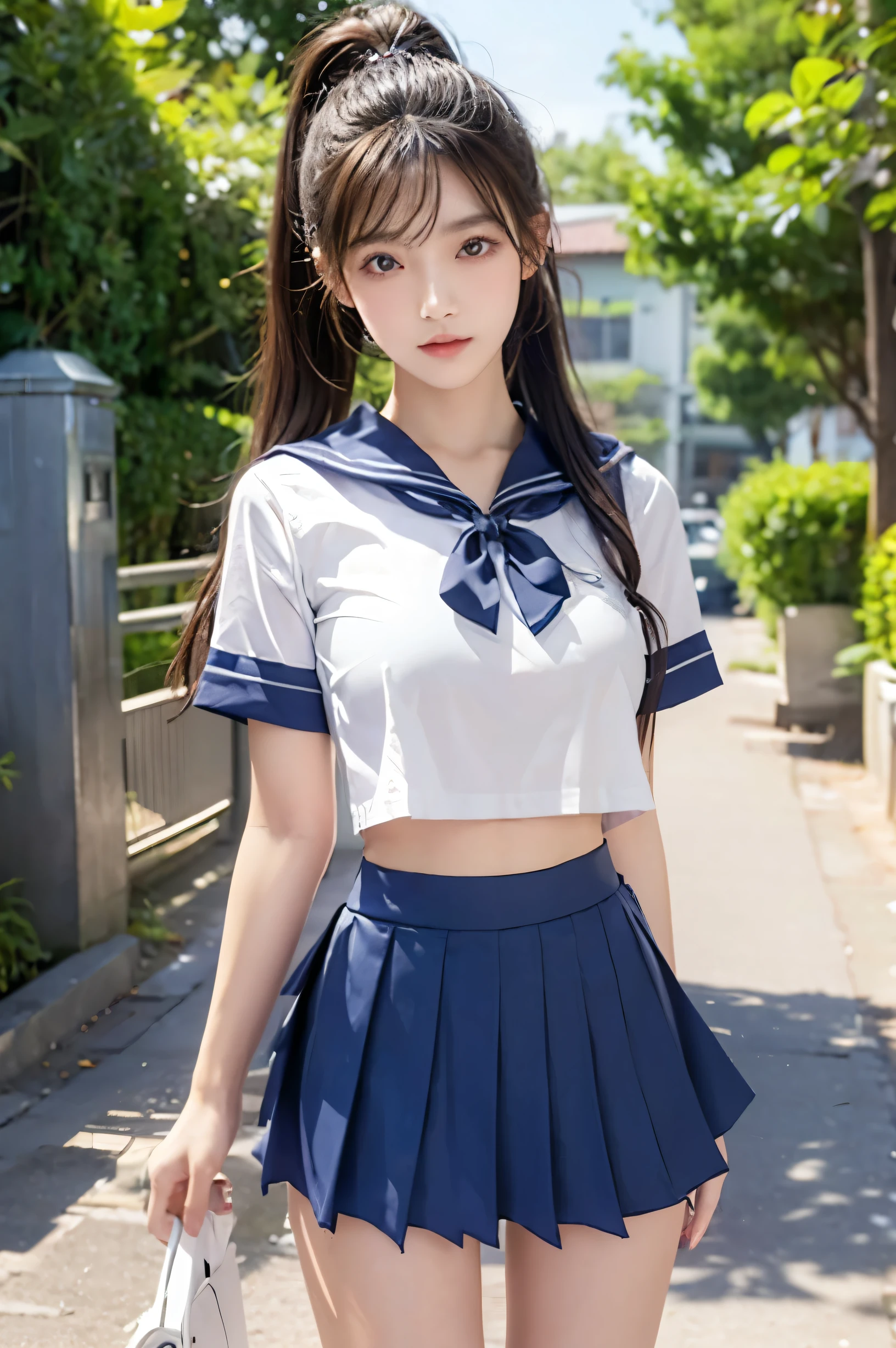 (Ultra HD), (Looking at me), (The whole body is shown), (Short-sleeved sailor uniform, Navy blue low-rise mini skirt), Big Breasts, Super beautiful breasts, slender, Narrow waist, (Thin legs:1.2), (Thin thighs:1.2), (Thin Hips:1.4), (Beautiful Skin, Shiny skin, White skin), (Super slim face, Super beautiful face, No makeup, Smile:0.6), (ponytail, Layered Cut, Fluffy hair), (double eyelid, Slanted Eyes), (Small Nose), (Thin lips), Are standing, In front of the school gate