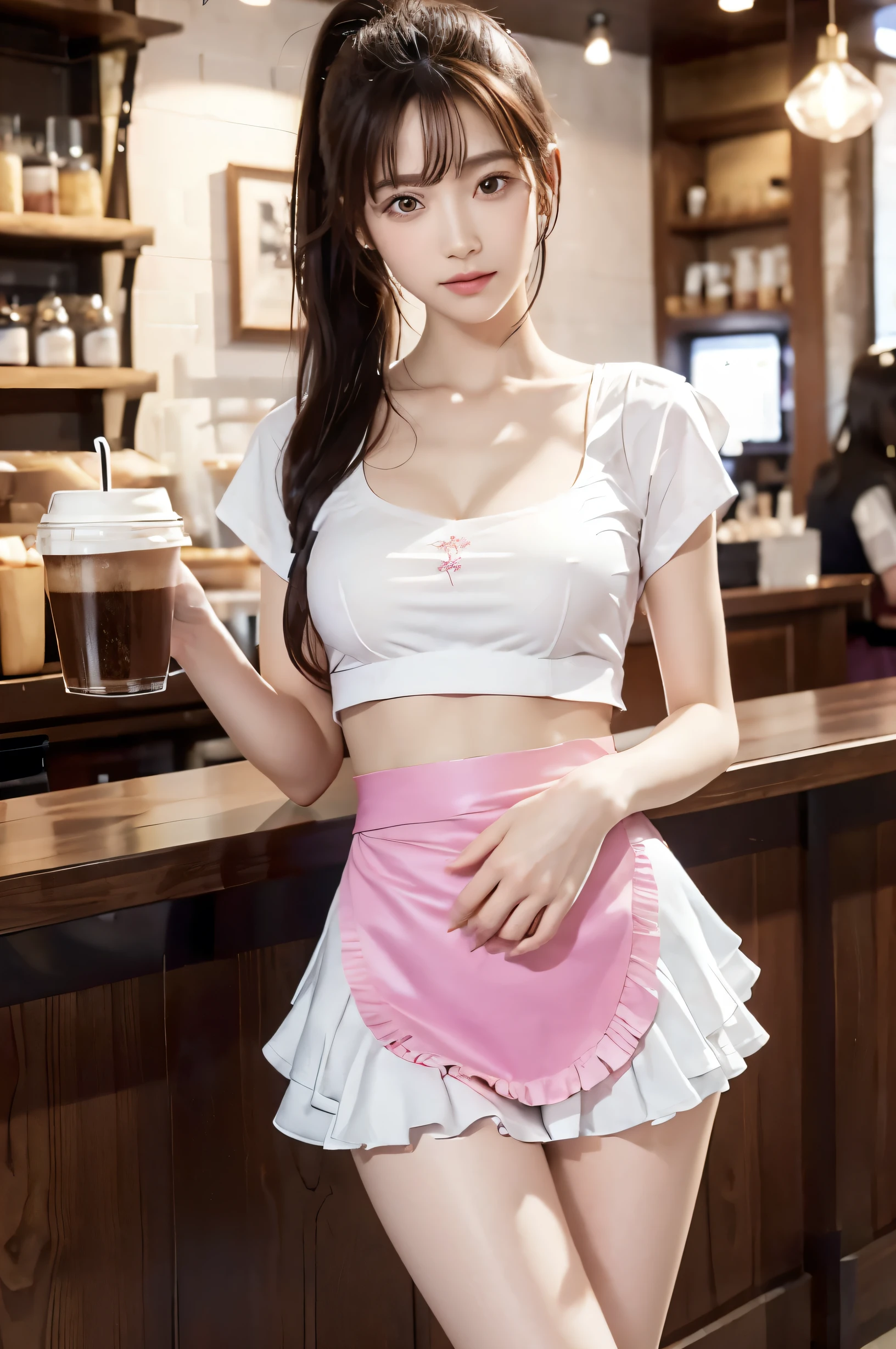 (Ultra HD), (Looking at me), (The whole body is shown), (Pink waitress:1.2, Apron with white frills), Big Breasts, Beautiful breasts, slender, Narrow waist, (Thin legs:1.4), (Thin thighs:1.4), (Thin Hips:1.6), (Beautiful Skin, Shiny skin, White skin), (Super slim face, Super beautiful face, No makeup, Smile:0.6), (ponytail, Layered Cut, Fluffy hair), (double eyelid, Slanted Eyes), Small Nose, Thin lips, Are standing, Coffee shop