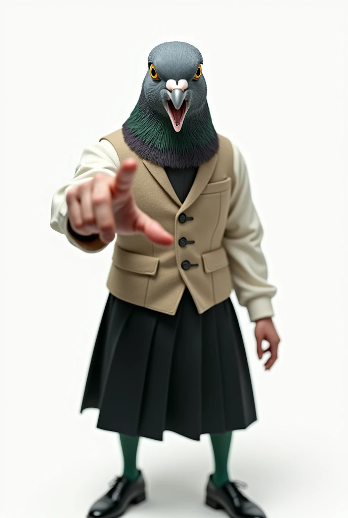((Highest quality)), ((masterpiece)), (photograph), (front), 怒りの表情で口を開けたGray female pigeonがオフホワイトで襟付きの半そでシャツに薄茶色のベストを着てひざ丈の黒いスカートに濃い緑の靴下と黒の靴を履いて、Pointing his finger towards me,(Gray female pigeon),(Short sleeve shirt)、photographのようなリアルな画像、Background is white 。