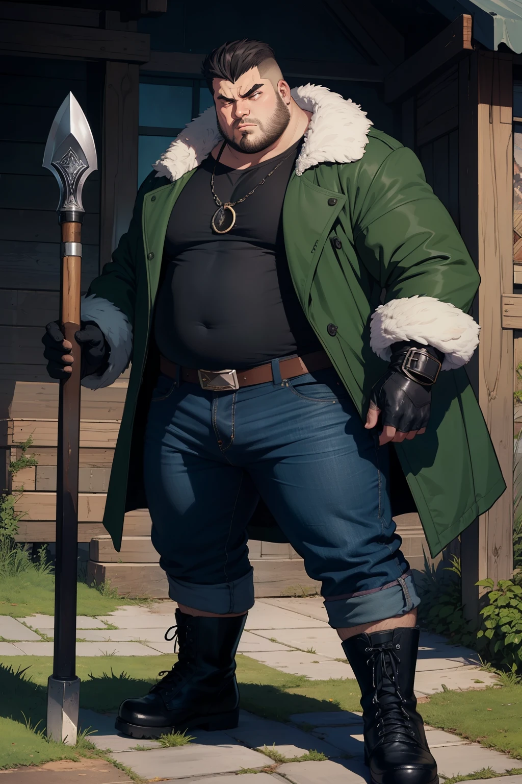 in the Human Comics style create a character. Godri, a fat, broad and very strong and muscular boy had a determined look and an imposing presence. He wears a short moss green coat and a black shirt underneath, dark jeans with round steel-toed boots, a black leather glove and a large war hammer.