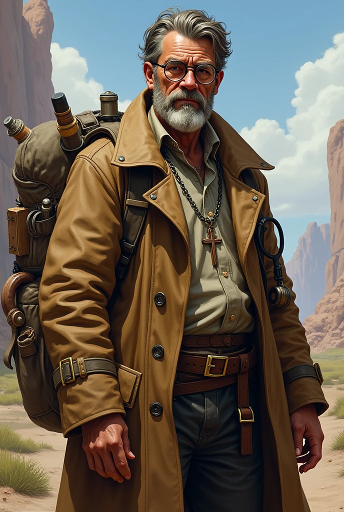 I would like a midle good looking age man,with brown hair with white sides, a tired-looking face, wearing round glasses, and a beard. He wears a beige trench coat full of items, a shirt underneath with a cross necklace on his chest, normal pants, and boots. He carries a large bag with him. I would like the style to be mature, with the art in a fantasy RPG style set in the Old West.